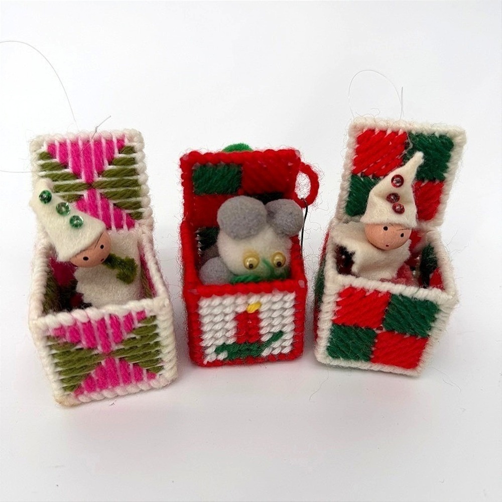 Christmas Holiday Ornaments Plastic Canvas Jack In Box 3pc Retro Kitschy